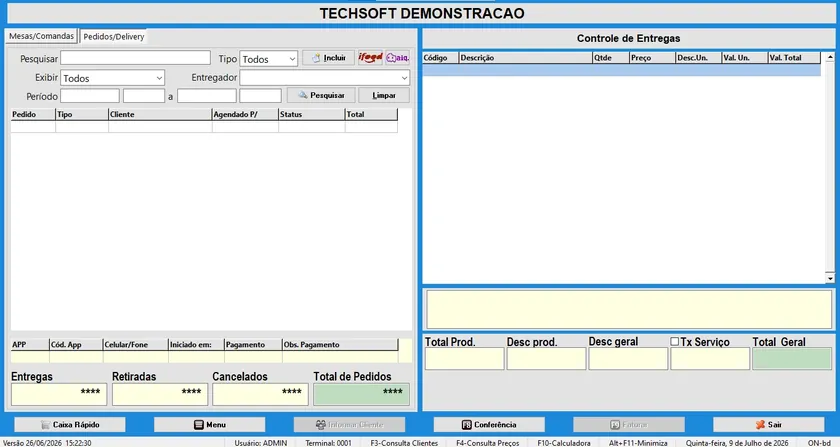 Tela real do Techsoft FOODS com controle de entregas e integração com iFood