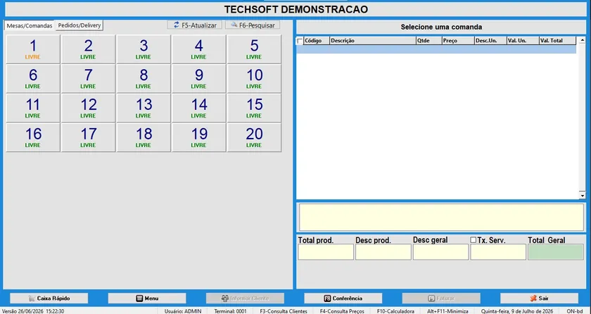 Tela real do Techsoft FOODS com o mapa de mesas do salão e o status de cada mesa